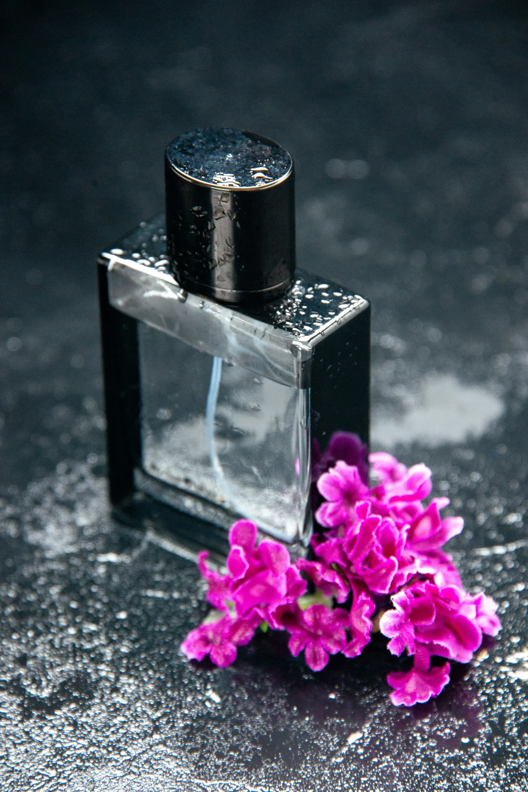 front view expensive fragnance with flowers dark background color perfume gift present love marriage scent flower (1)